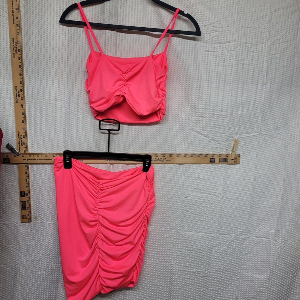 Neon Pink Ruched Two Piece Set Crop Top and Mini Skirt Medium Summer Clubwear